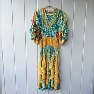 Vintage 80s Assorti Susan Freis Ruffle Dress Geo Abstract Memphis Floral Print